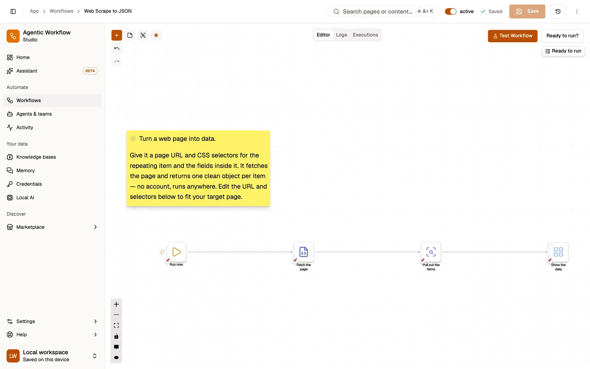 Step 1, close-up of the app: Run now (When Started), outlined.