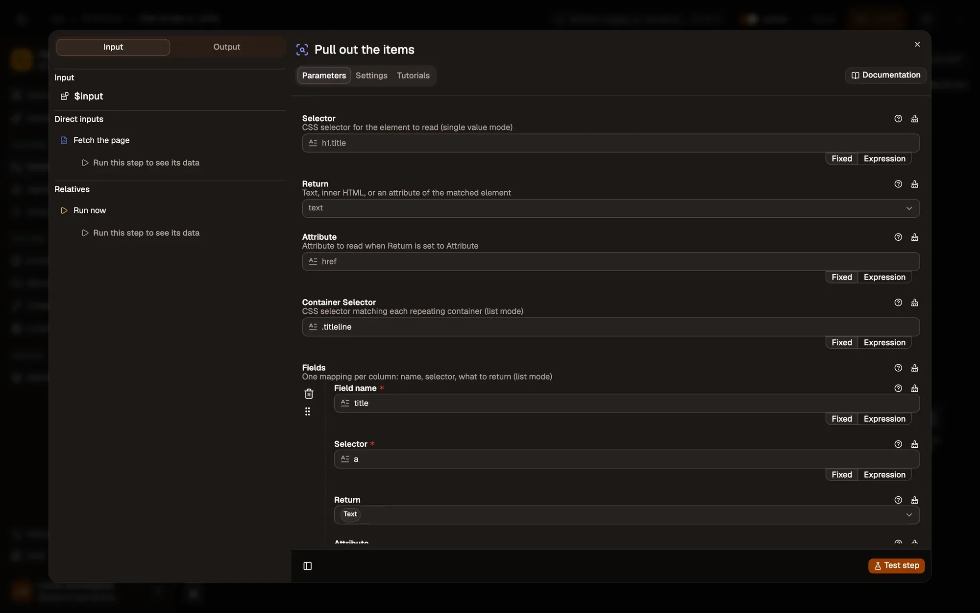 Step 3, close-up of the app: The Container Selector field, outlined.