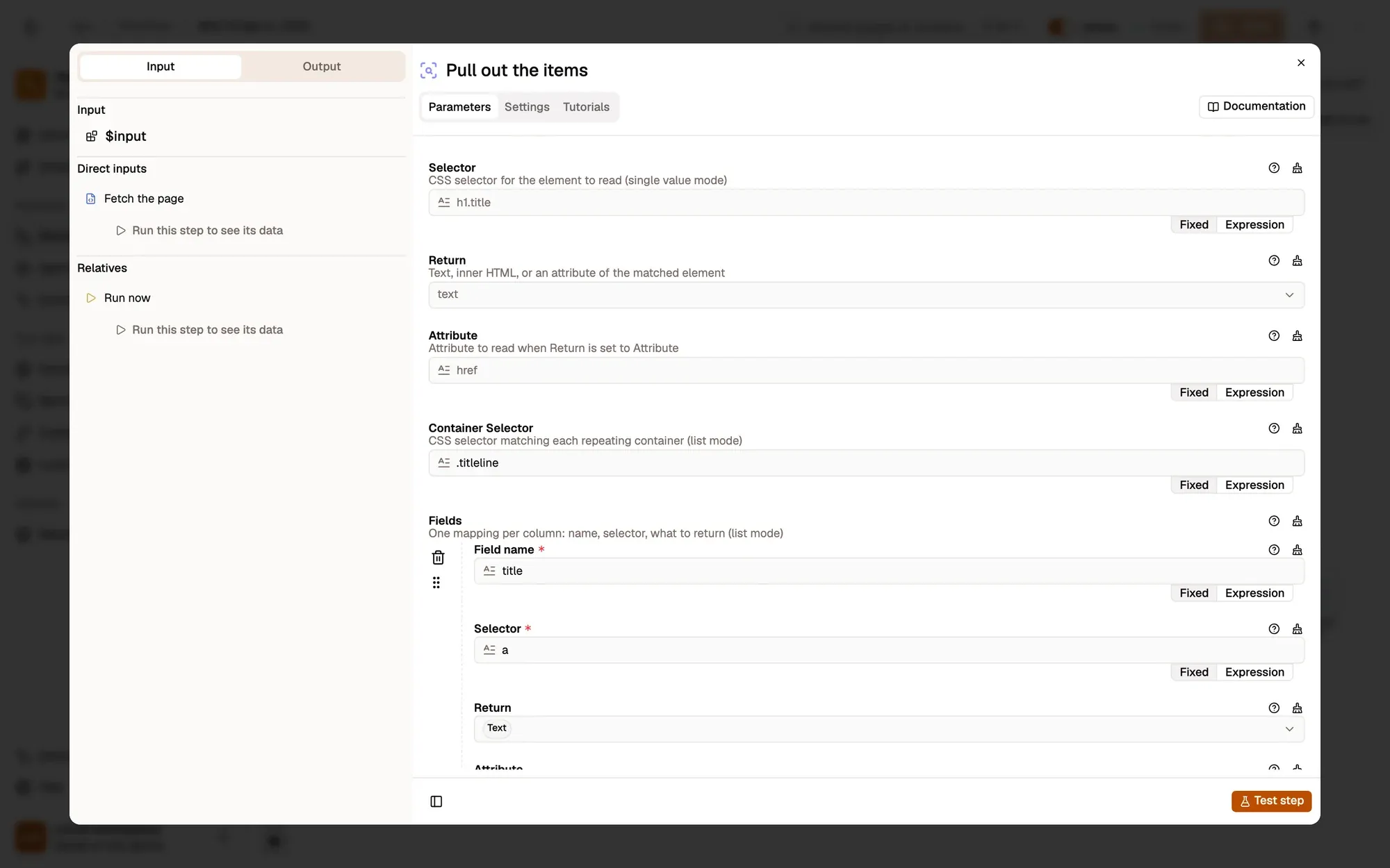Step 3, close-up of the app: The Container Selector field, outlined.