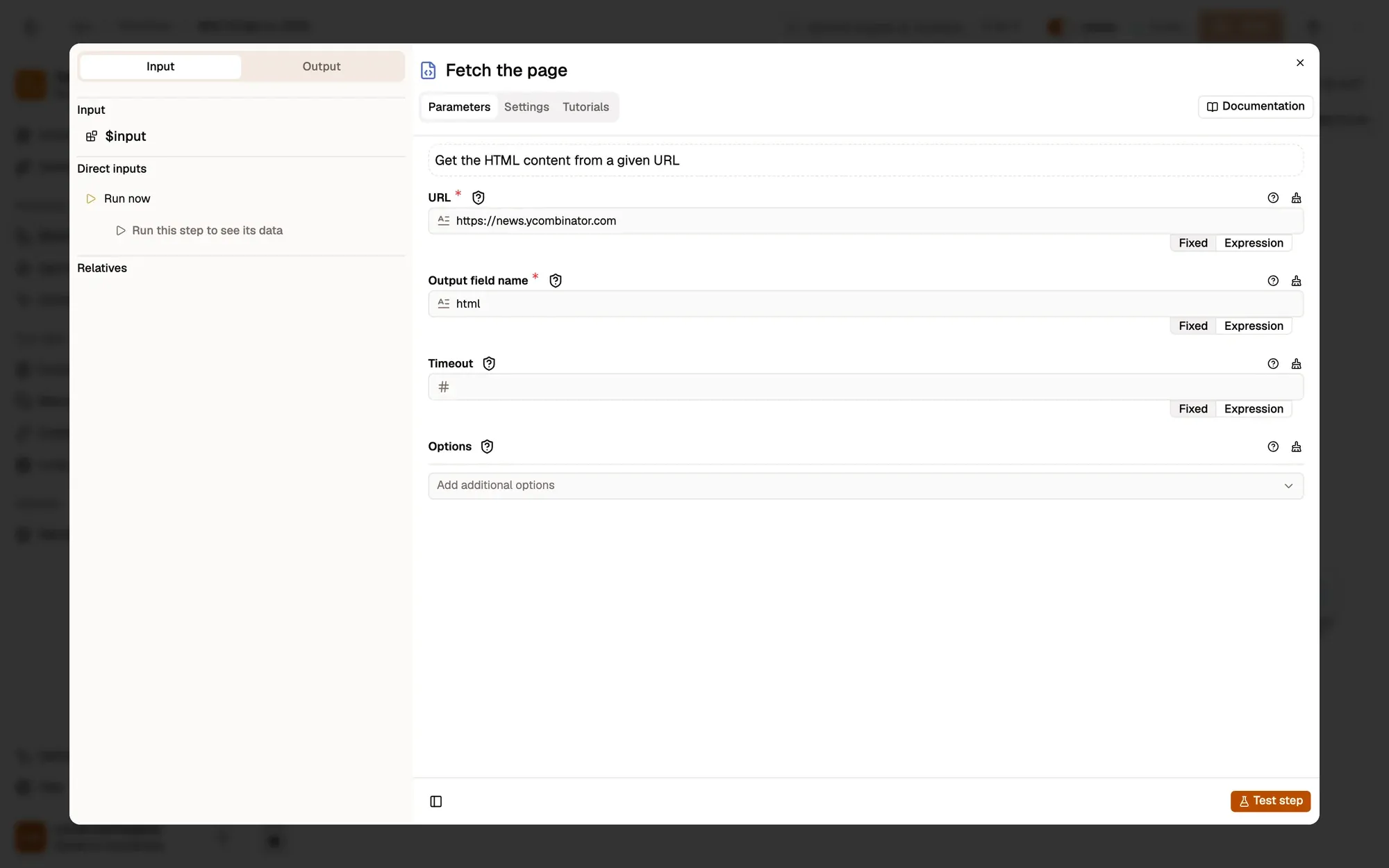 Step 2, close-up of the app: The URL field, outlined.