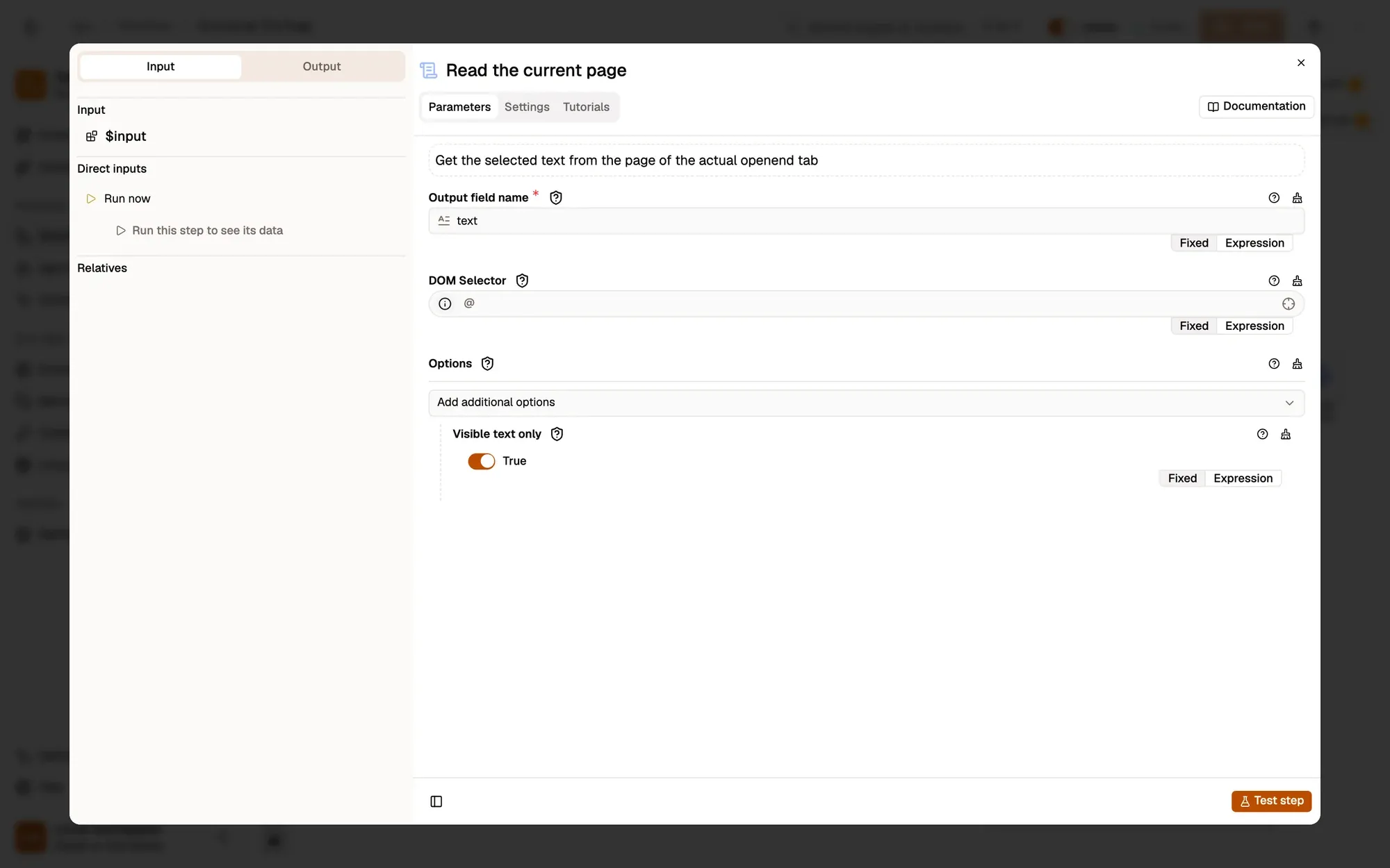 Step 2, close-up of the app: The DOM Selector field, outlined.