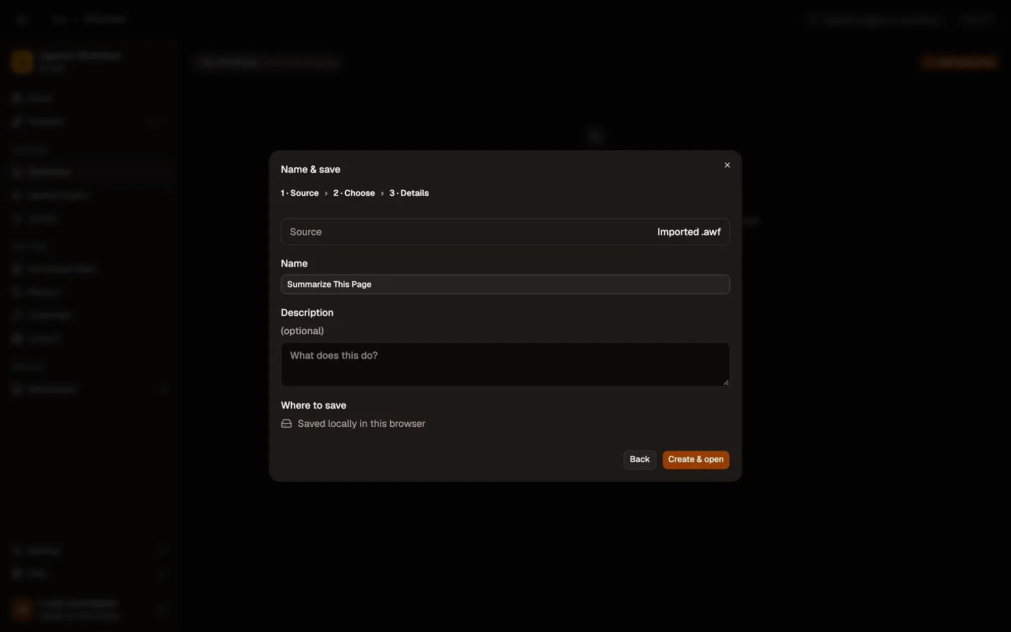 Step 1, close-up of the app: Create & open, outlined.