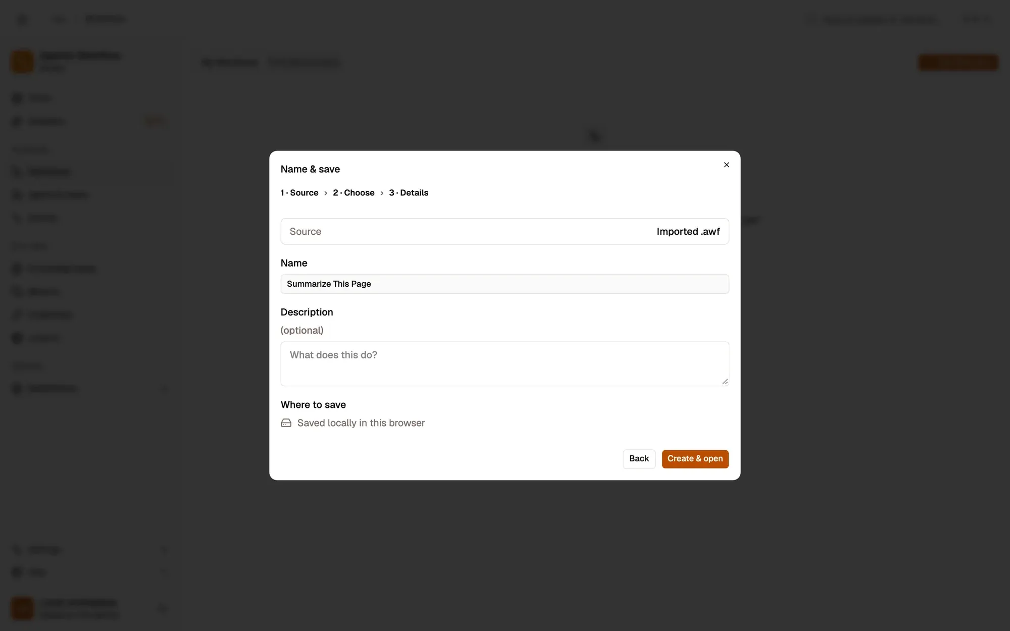 Step 1, close-up of the app: Create & open, outlined.