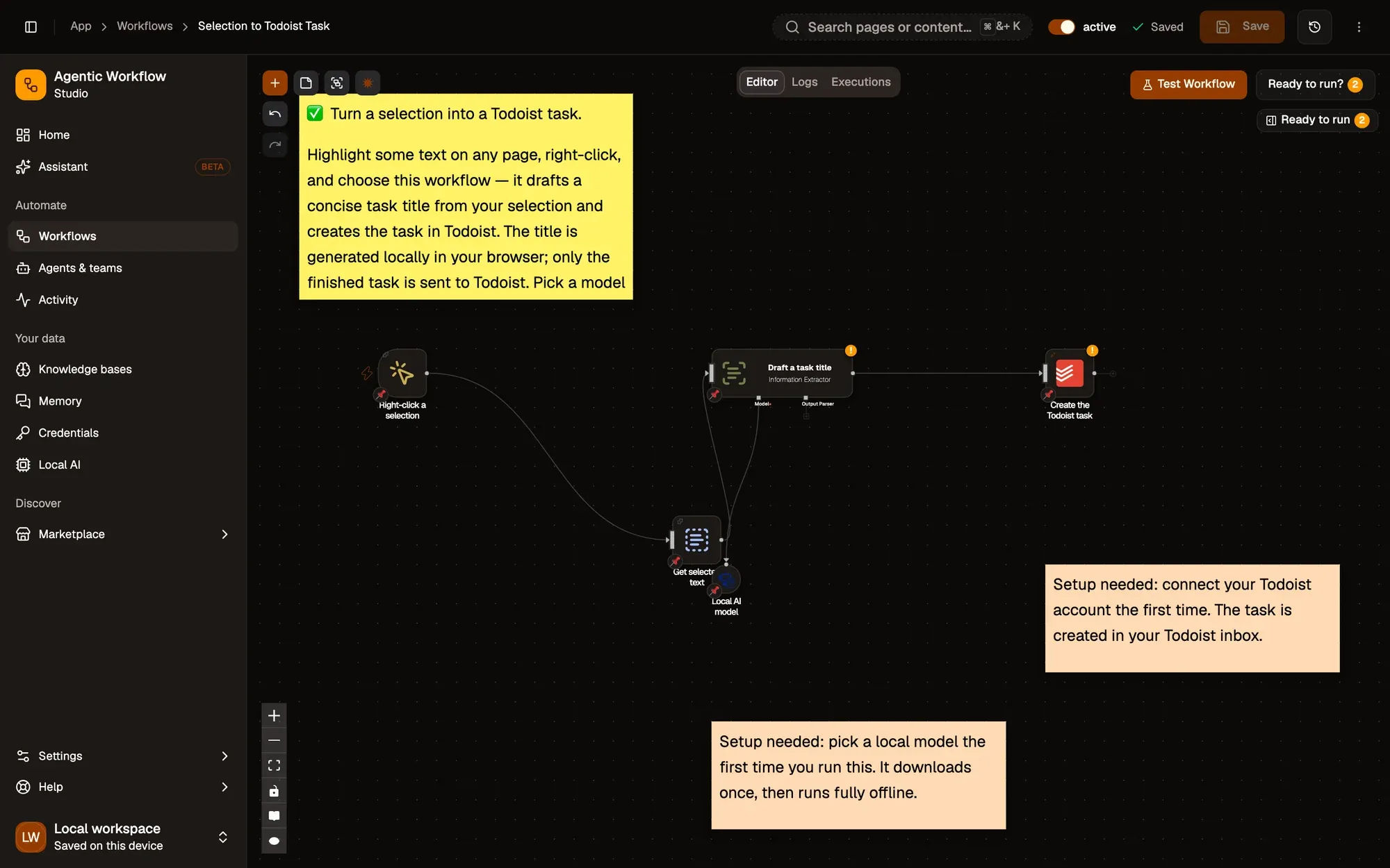 Step 2, close-up of the app: Get selected text, outlined.