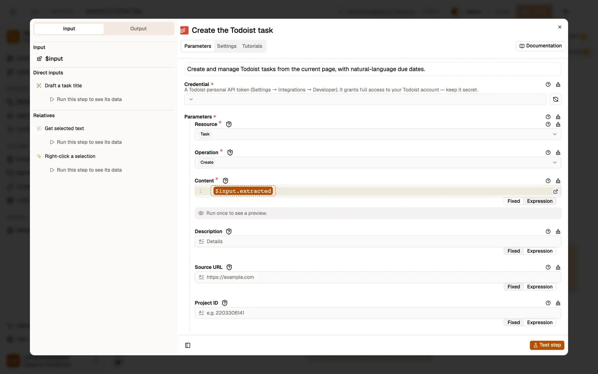 Step 4, close-up of the app: The Due (natural language) field, outlined.