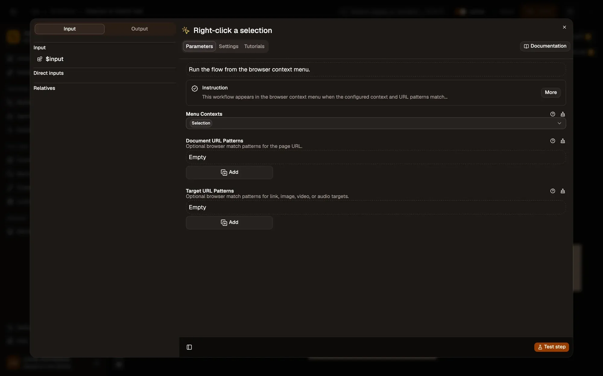 Step 1, close-up of the app: The Document URL Patterns field, outlined.