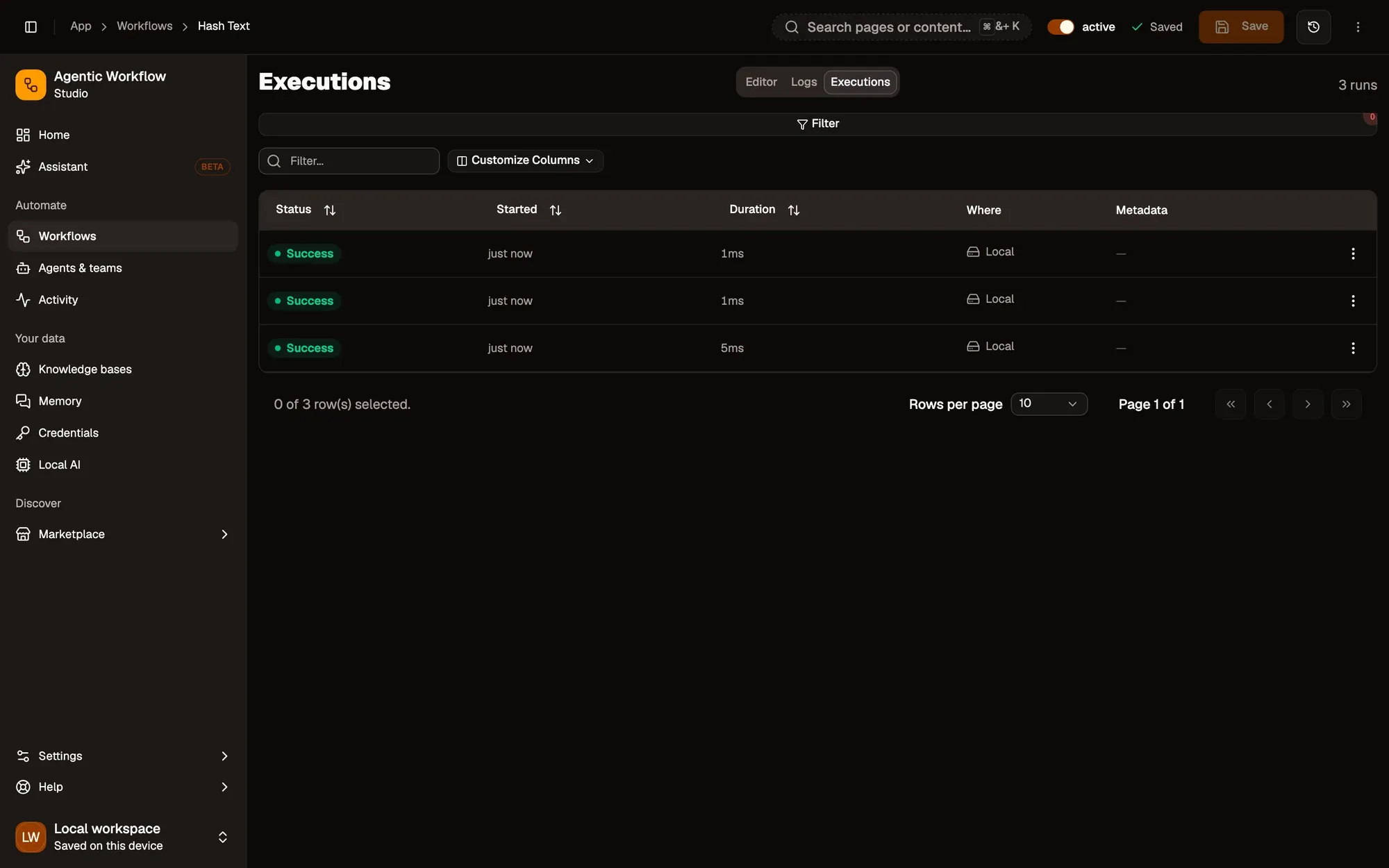 Step 5, close-up of the app: Executions tab, outlined.