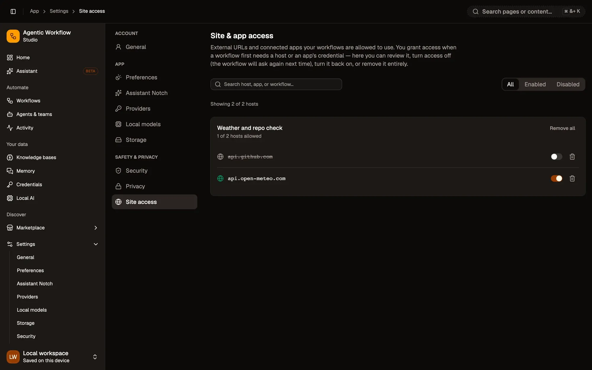 Step 3, close-up of the app: Switch a host off or on, outlined.