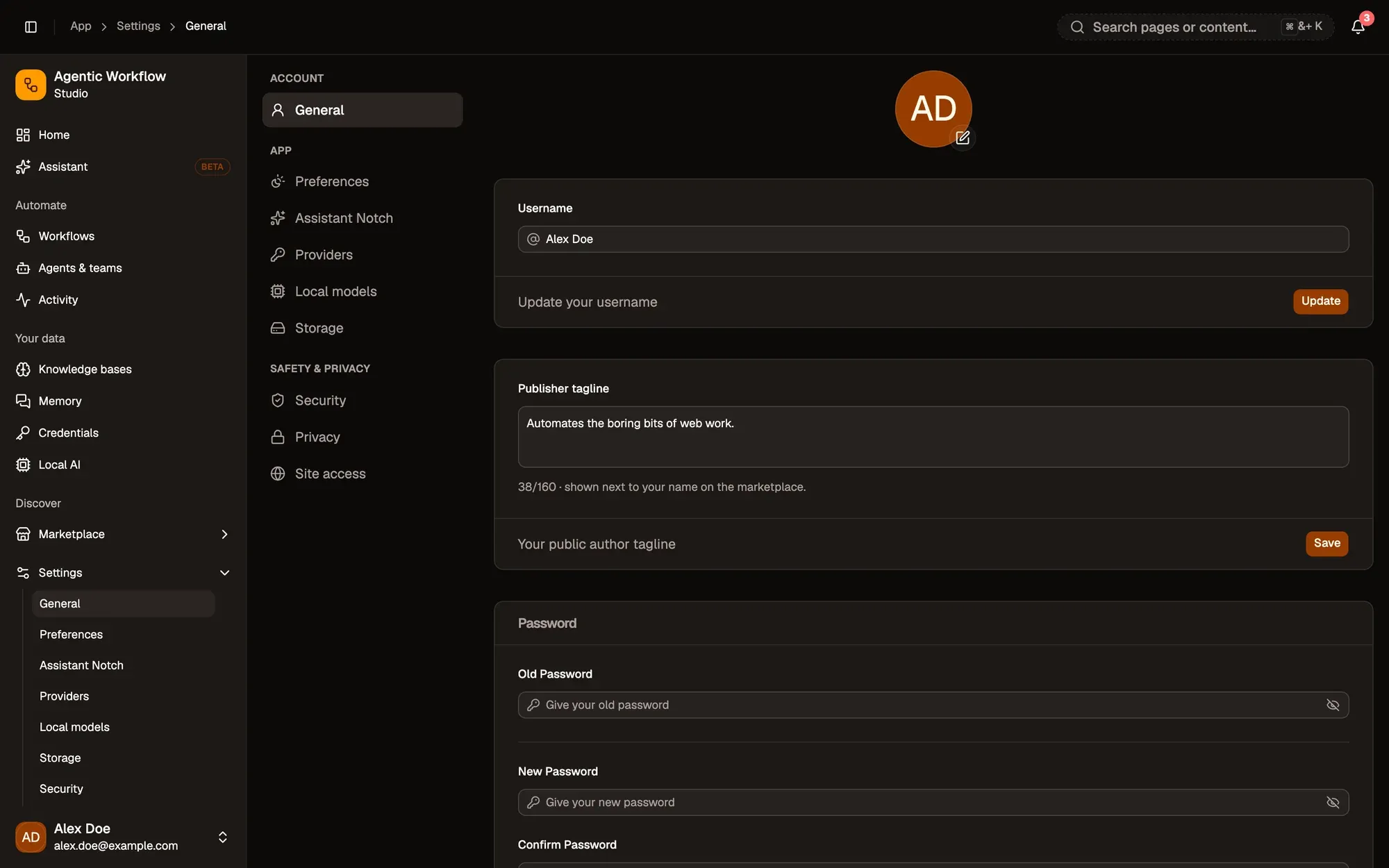 Settings, General, signed in as a fictional account (Alex Doe): the avatar with its edit button, the Username field with Update, and the Publisher tagline (38/160, shown next to your name on the marketplace) with Save. The Password section starts below.