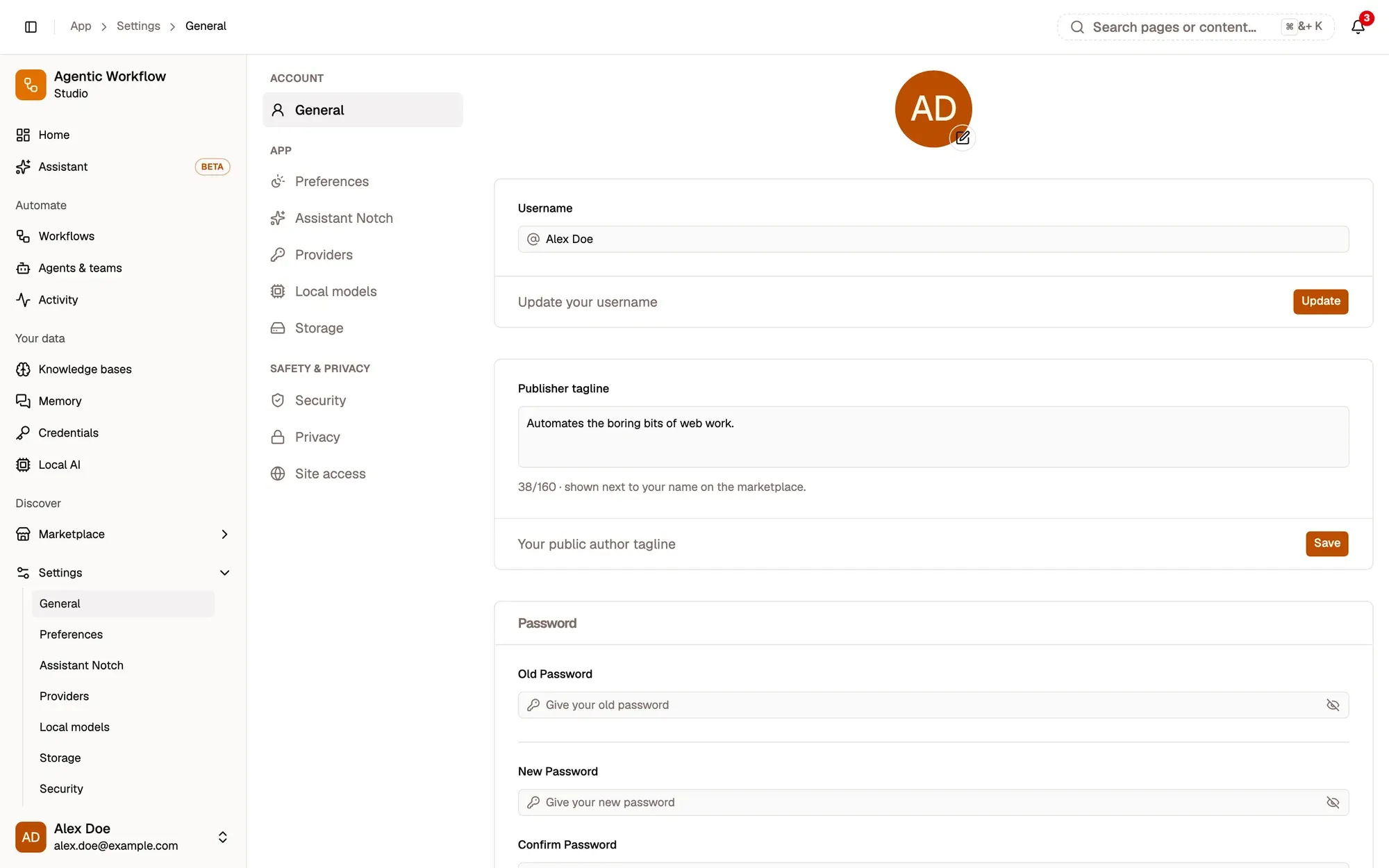 Settings, General, signed in as a fictional account (Alex Doe): the avatar with its edit button, the Username field with Update, and the Publisher tagline (38/160, shown next to your name on the marketplace) with Save. The Password section starts below.