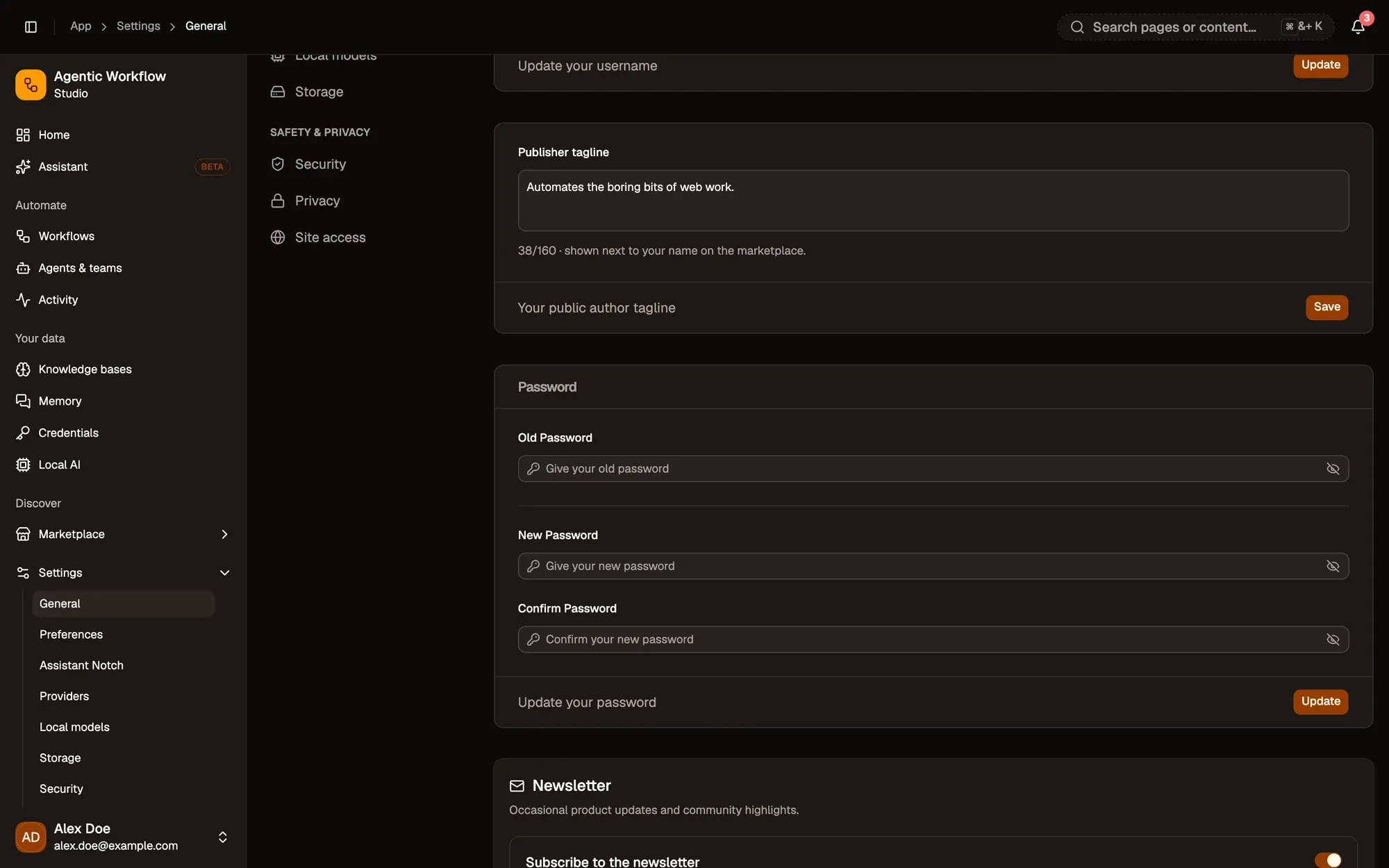 Settings, General, signed in as a fictional account, scrolled to the Password section (Old Password, New Password and Confirm Password, each with a show/hide eye, and Update) and the Newsletter section with the Subscribe to the newsletter switch.