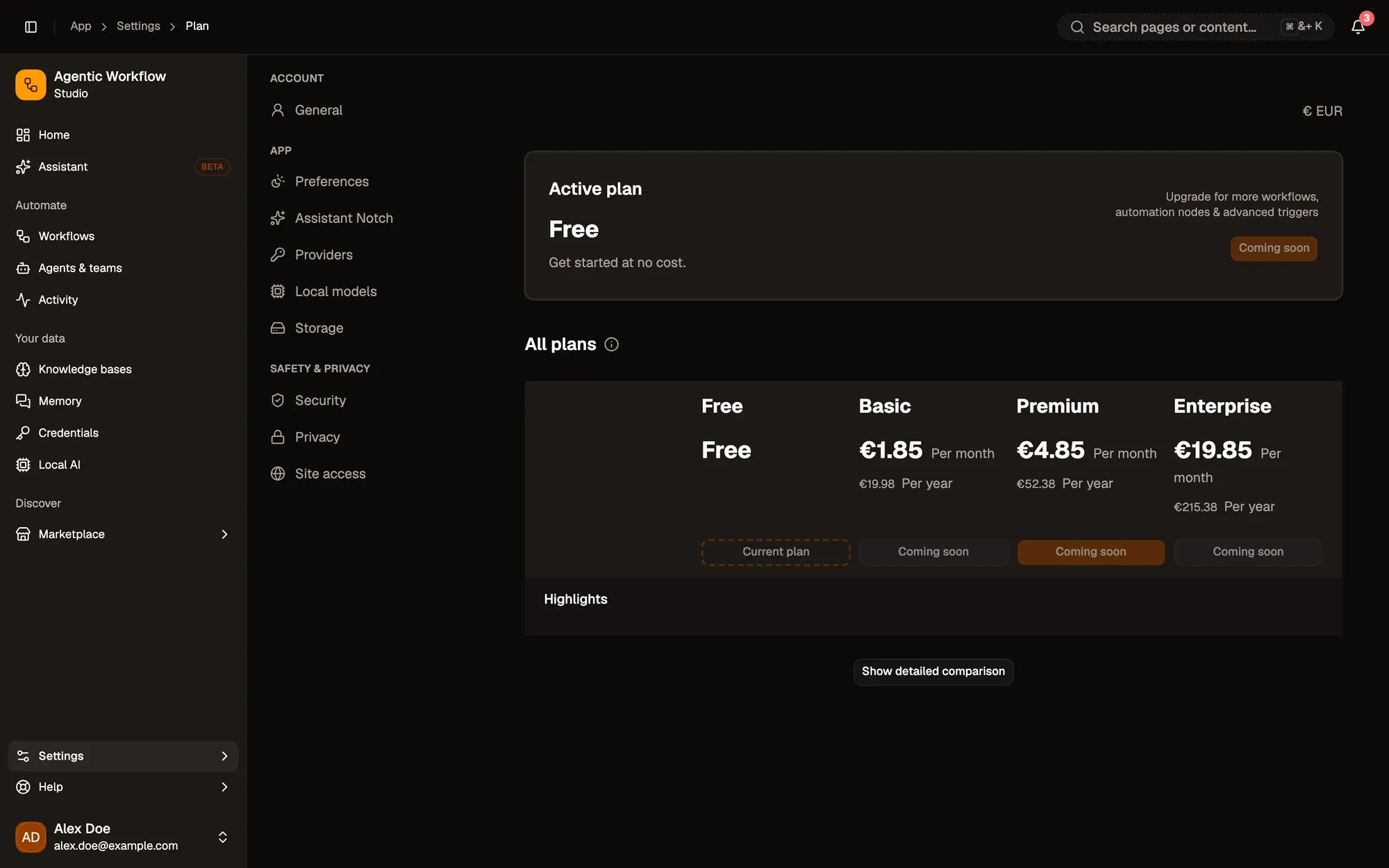 Settings, Plan, for a fictional account on the Free plan: the Active plan card (Free) and All plans side by side (Free, Basic, Premium, Enterprise) with their price per month and per year in euros, Current plan on Free and Coming soon on the paid plans, and a Show detailed comparison button.