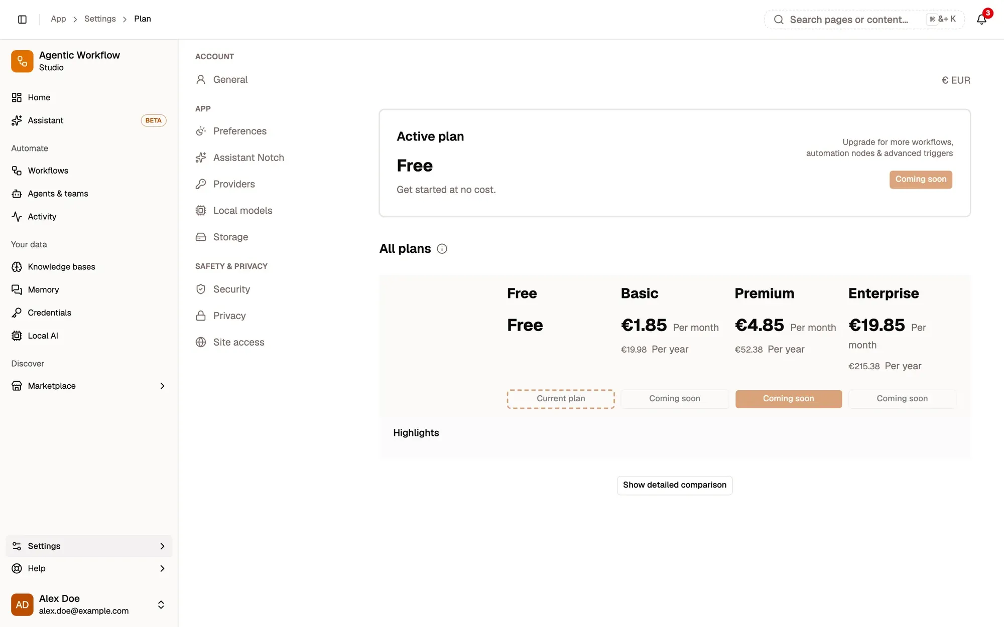 Settings, Plan, for a fictional account on the Free plan: the Active plan card (Free) and All plans side by side (Free, Basic, Premium, Enterprise) with their price per month and per year in euros, Current plan on Free and Coming soon on the paid plans, and a Show detailed comparison button.