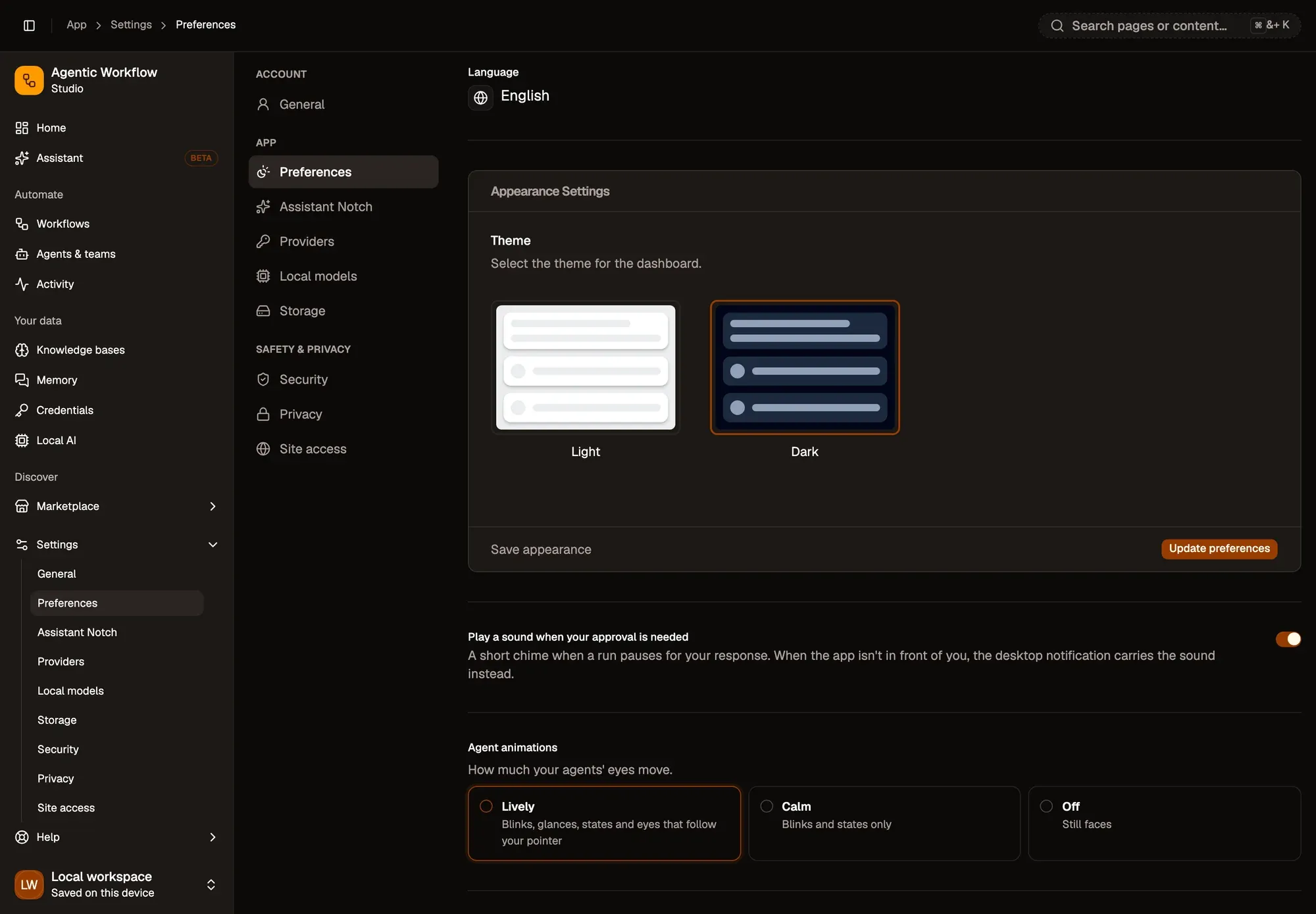 Settings, Preferences, in a local workspace: Language (English) with its Change language button, the Appearance Settings card with the Light and Dark theme choices and an Update preferences button, the Play a sound when your approval is needed switch (on), and Agent animations with Lively (selected), Calm and Off.