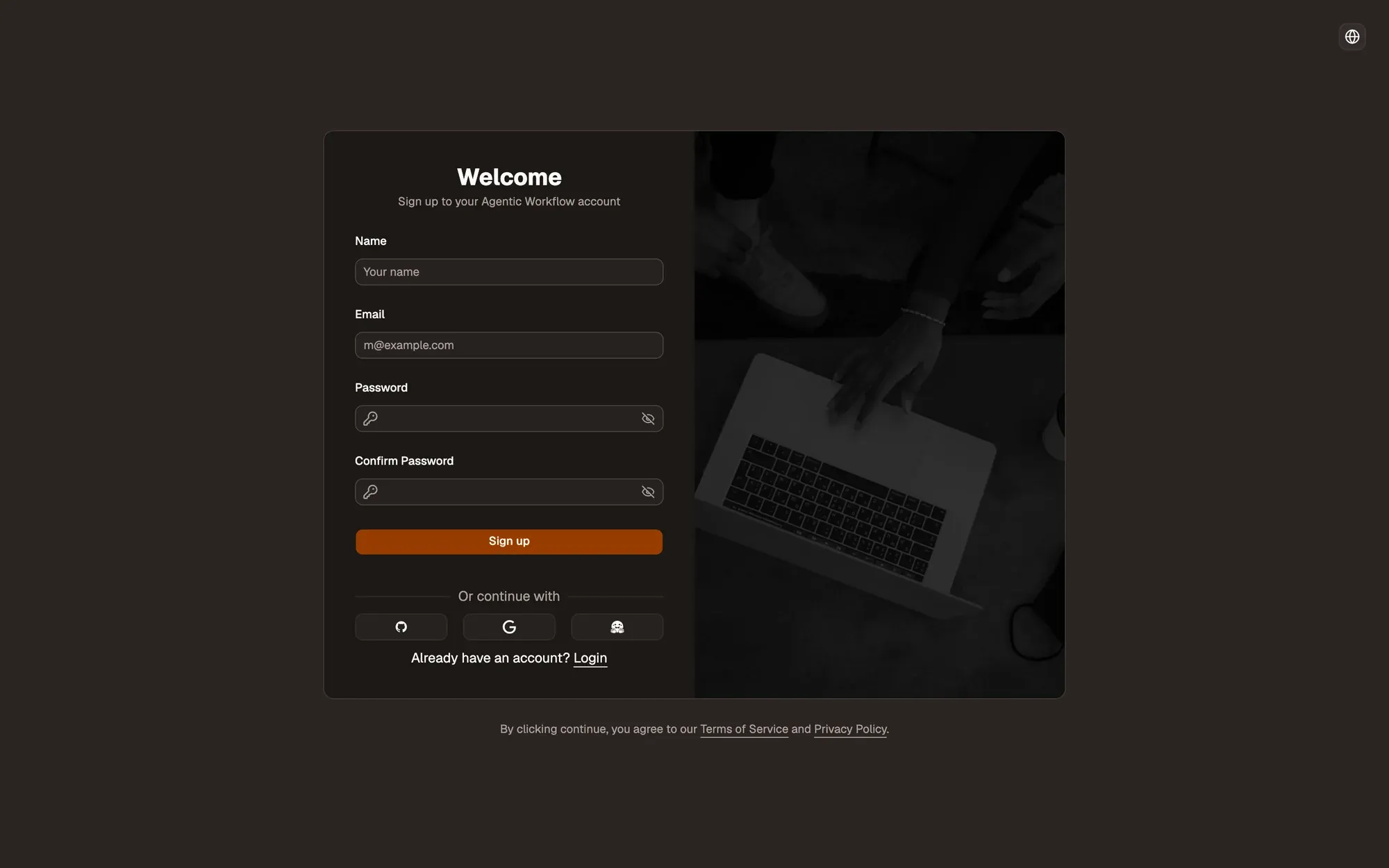 The sign-up form: Welcome, Sign up to your Agentic Workflow account, with Name, Email, Password and Confirm Password fields, the Sign up button, GitHub, Google and Hugging Face buttons under Or continue with, and an Already have an account? Login link. A photo of a person at a computer fills the right half.