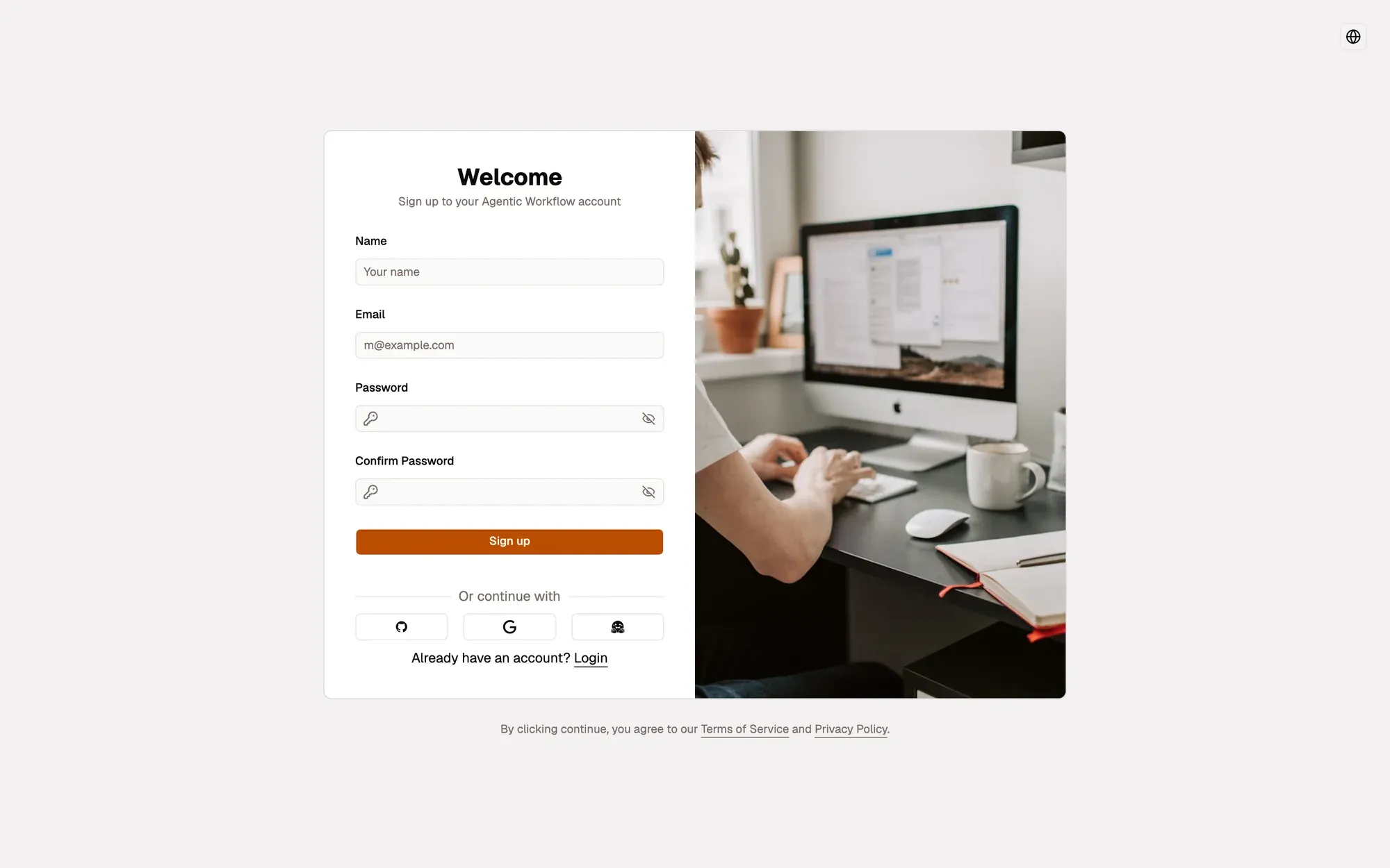 The sign-up form: Welcome, Sign up to your Agentic Workflow account, with Name, Email, Password and Confirm Password fields, the Sign up button, GitHub, Google and Hugging Face buttons under Or continue with, and an Already have an account? Login link. A photo of a person at a computer fills the right half.