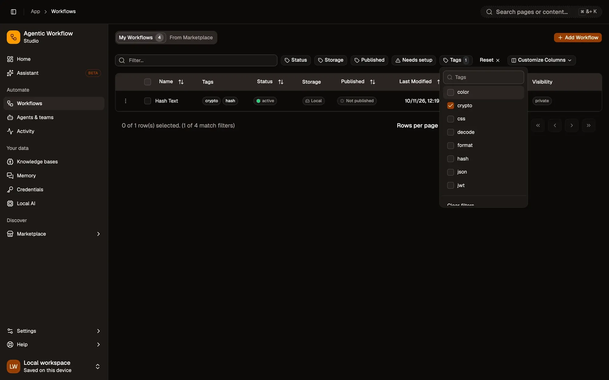 The Workflows page with the Tags filter open: crypto is ticked, so the Tags button shows 1, a Reset button has appeared next to the filters, and the list shows only Hash Text (1 of 4 match filters).
