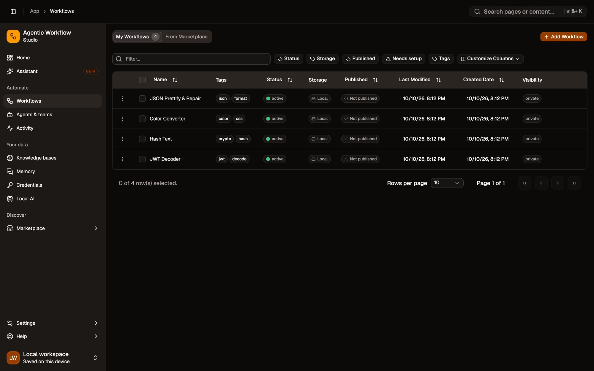 The Workflows page, My Workflows tab: four workflows (JSON Prettify & Repair, Hash Text, Color Converter, JWT Decoder) with their tags, active status, Local storage badge, Not published state and dates, above the Status, Storage, Published, Needs setup and Tags filters.